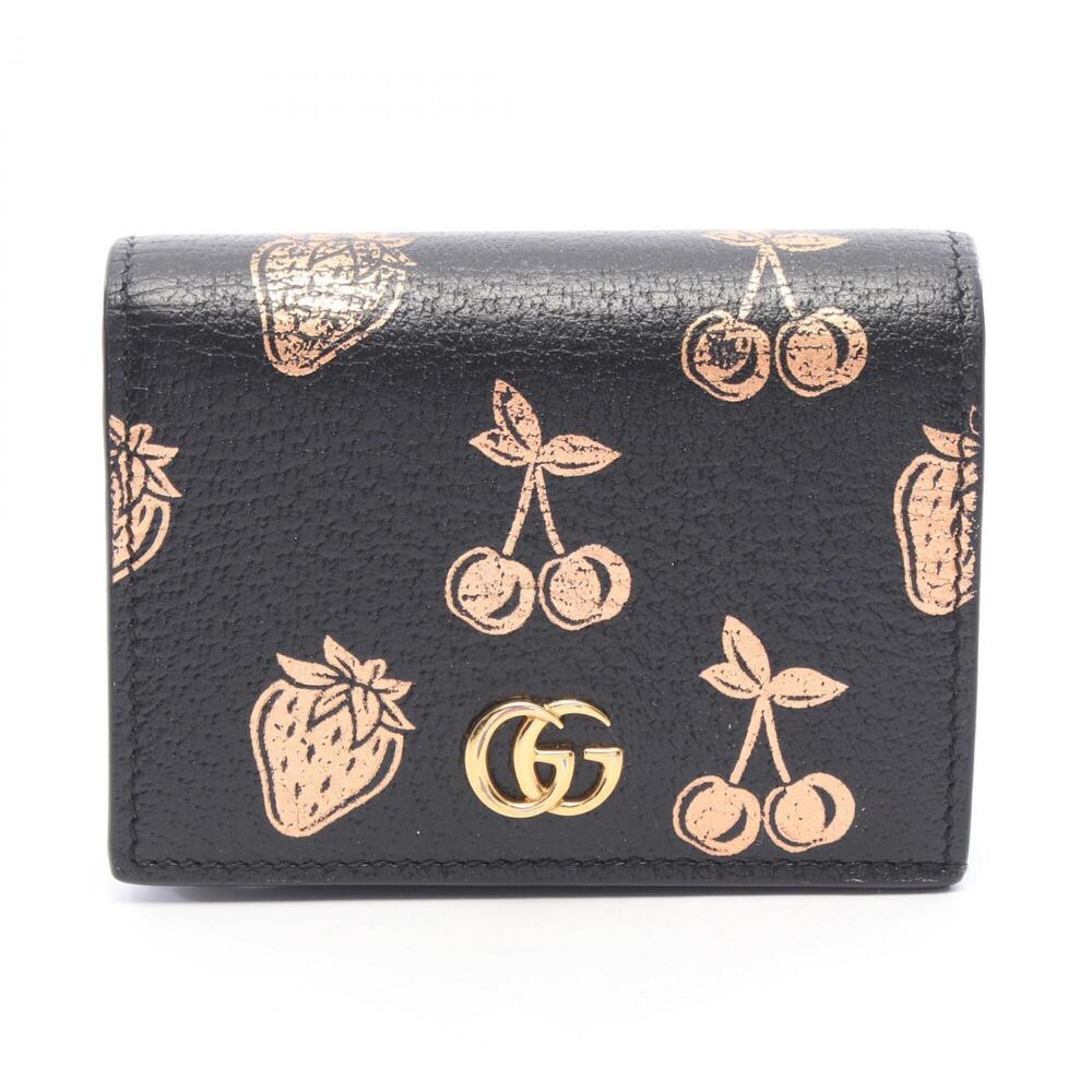 Gucci Petite Marmont GG Fruit Pattern Bi-fold Wallet, Leather, Women's, Black...